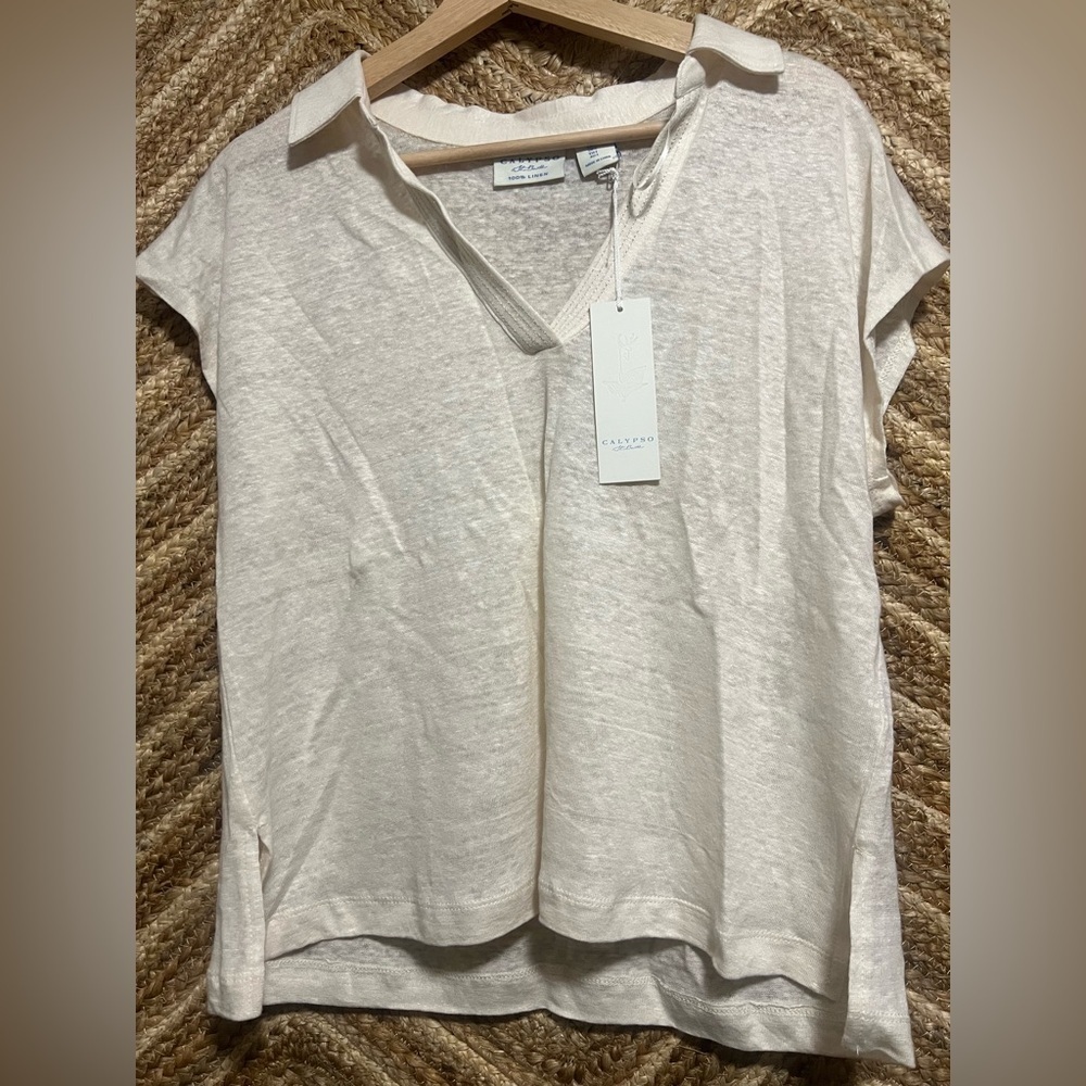 Calypso St.Barth Women's 100% Linen 
V Neck Short Sleeve Blouse,Size L,NWT